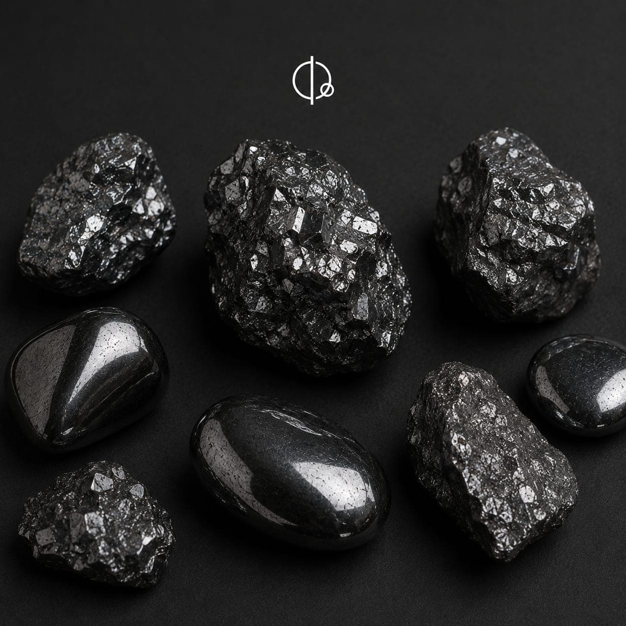 Raw crystalline hematite ore alongside tumbled polished stones, arranged on black beneath the IONISS mark